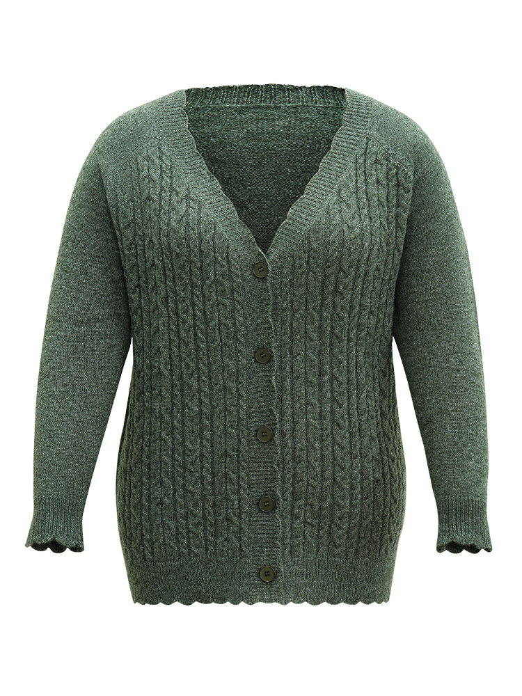Plus Size Cardigans | Solid Cable Knit Scalloped Trim Cardigan | BloomChic 