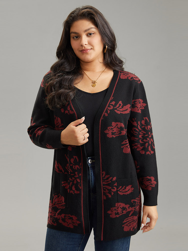 

Plus Size Supersoft Essentials Jacquard Pocket Open Front Cardigan Black Women Casual Loose Long Sleeve Dailywear Cardigans BloomChic