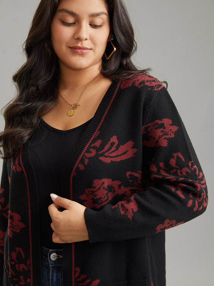 

Plus Size Supersoft Essentials Jacquard Pocket Open Front Cardigan Black Women Casual Loose Long Sleeve Dailywear Cardigans BloomChic