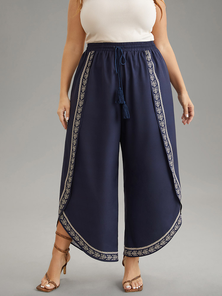 

Plus Size Bandana Tassel Trim High Rise Curved Hem Pants Women Indigo Vacation Wide Leg High Rise Vacation Pants BloomChic