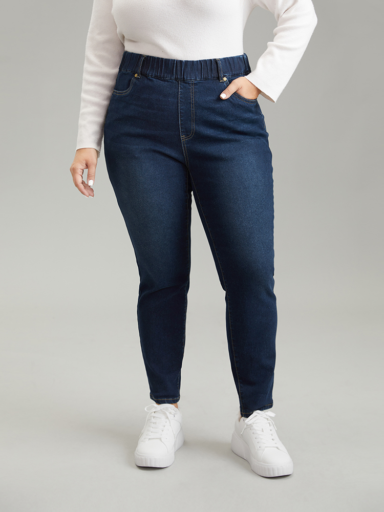 

Plus Size Skinny Plain Elastic Waist Dark Wash Jeans Women Indigo Casual Plain Plain High stretch Pocket Jeans BloomChic