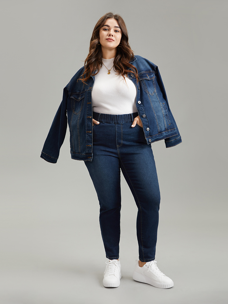 Plus Size Skinny Plain Elastic Waist Dark Wash Jeans Women Indigo Casual Plain Plain High stretch Pocket Jeans BloomChic 30/6X 