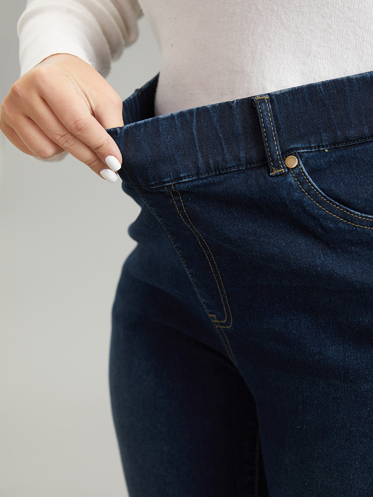 Plus Size Skinny Plain Elastic Waist Dark Wash Jeans Women Indigo Casual Plain Plain High stretch Pocket Jeans BloomChic 30/6X 