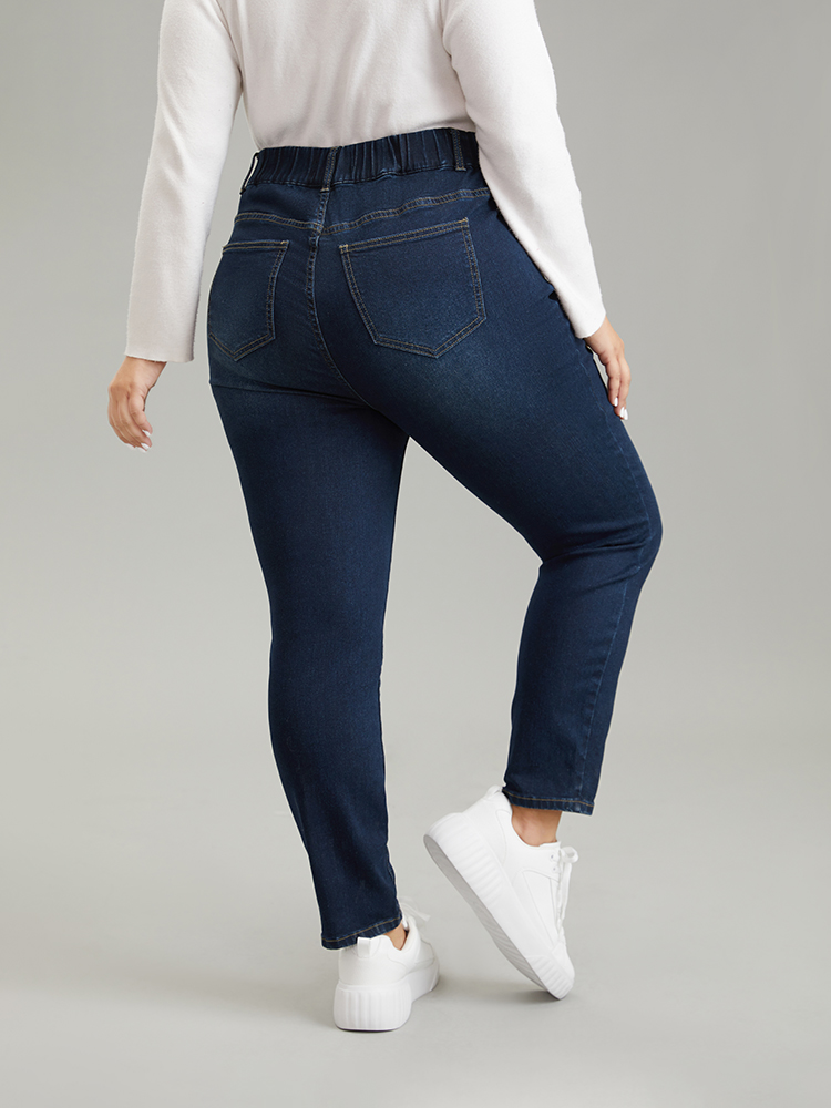 Plus Size Skinny Plain Elastic Waist Dark Wash Jeans Women Indigo Casual Plain Plain High stretch Pocket Jeans BloomChic 30/6X 