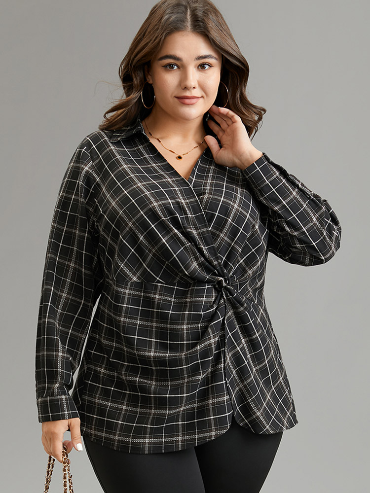 

Plus Size Black Plaid Shirt Collar Twist Front Blouse Women Office Long Sleeve Shirt collar Work Blouses BloomChic