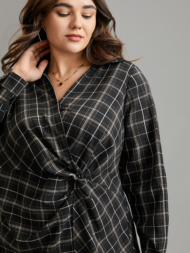 

Plus Size Black Plaid Shirt Collar Twist Front Blouse Women Office Long Sleeve Shirt collar Work Blouses BloomChic