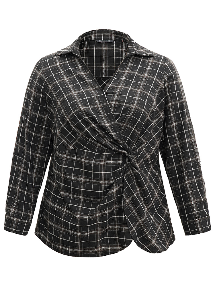 Plus Size Black Plaid Shirt Collar Twist Front Blouse Women Office Long Sleeve Shirt collar Work Blouses BloomChic 14-16/1X 
