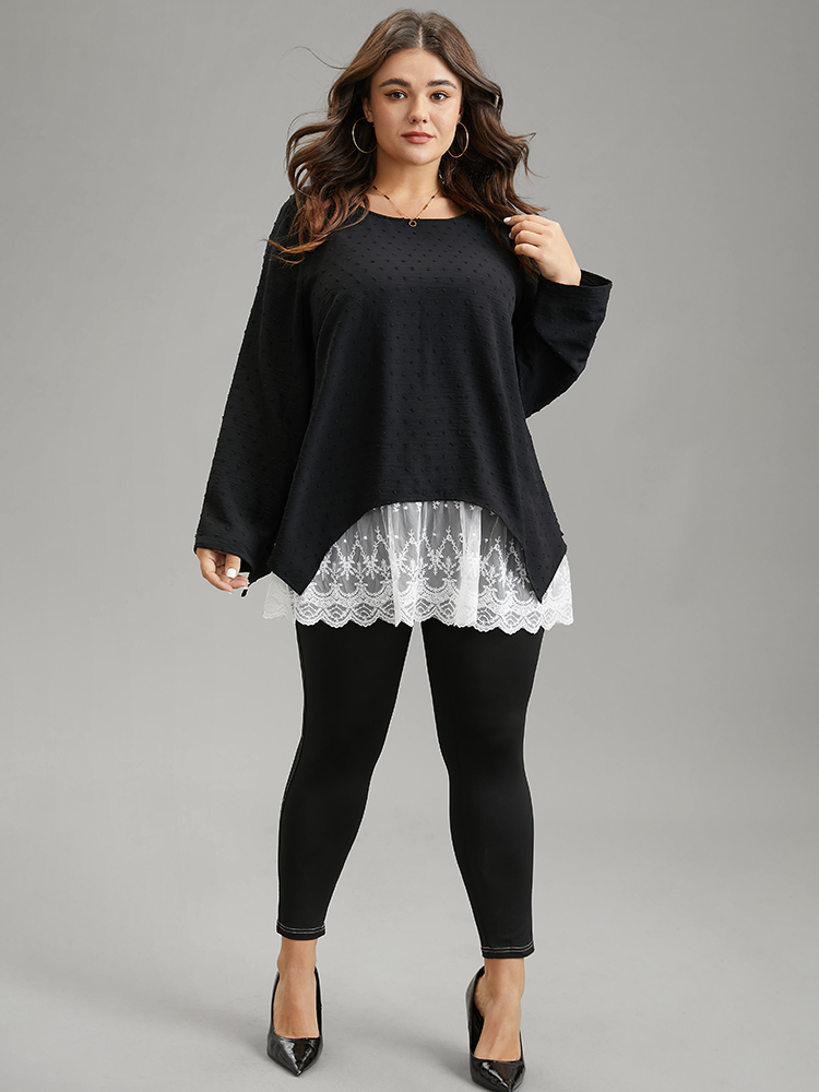 Plus Size Black Crochet Lace Mesh Polka Dot Asymmetrical Hem Blouse Women Elegant Long Sleeve Round Neck Everyday Blouses BloomChic 12/L 