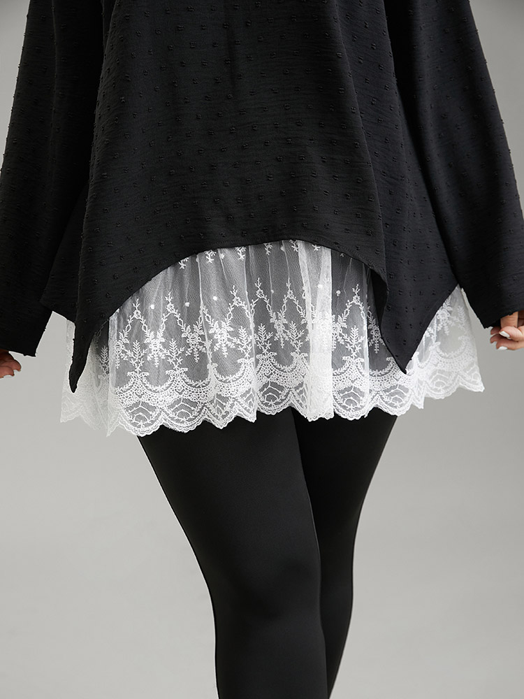 Plus Size Black Crochet Lace Mesh Polka Dot Asymmetrical Hem Blouse Women Elegant Long Sleeve Round Neck Everyday Blouses BloomChic 12/L 