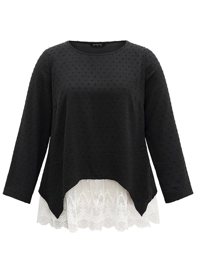 Plus Size Black Crochet Lace Mesh Polka Dot Asymmetrical Hem Blouse Women Elegant Long Sleeve Round Neck Everyday Blouses BloomChic 12/L 