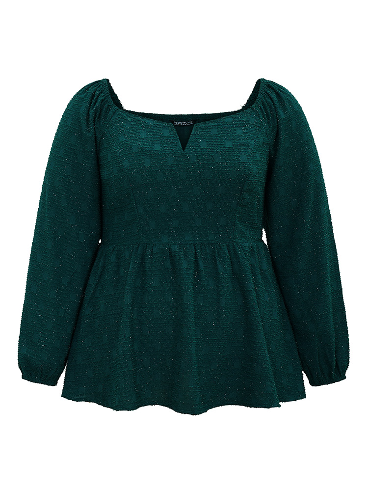 

Plus Size Green Solid Jacquard Notched Lantern Sleeve Blouse Women Glamour Long Sleeve Notched collar Party Blouses BloomChic