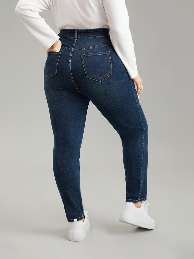 

Plus Size Dark Wash Button Up Zipper Fly High Jeans Women Midnight Casual Plain Plain High stretch Pocket Jeans BloomChic