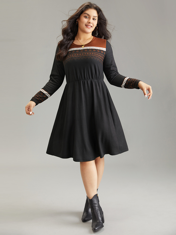 Plus Size Boho Geometric Print Contrast Elastic Waist Dress Black Women Casual Printed Round Neck Long Sleeve Curvy Midi Dress BloomChic 14-16/1X 