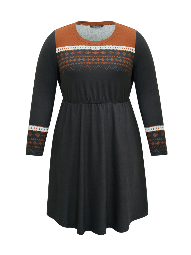 Plus Size Boho Geometric Print Contrast Elastic Waist Dress Black Women Casual Printed Round Neck Long Sleeve Curvy Midi Dress BloomChic 14-16/1X 