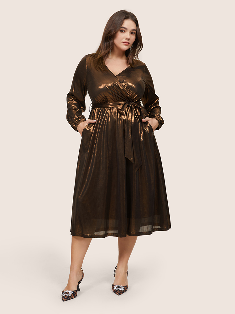 

Plus Size Metallic Belted Wrap Lantern Sleeve Dress Bronze Women Cocktail Elastic cuffs Overlap Collar Long Sleeve Curvy Midi Dress BloomChic