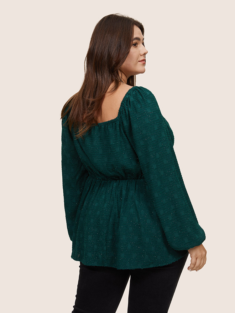 

Plus Size Green Solid Jacquard Notched Lantern Sleeve Blouse Women Glamour Long Sleeve Notched collar Party Blouses BloomChic