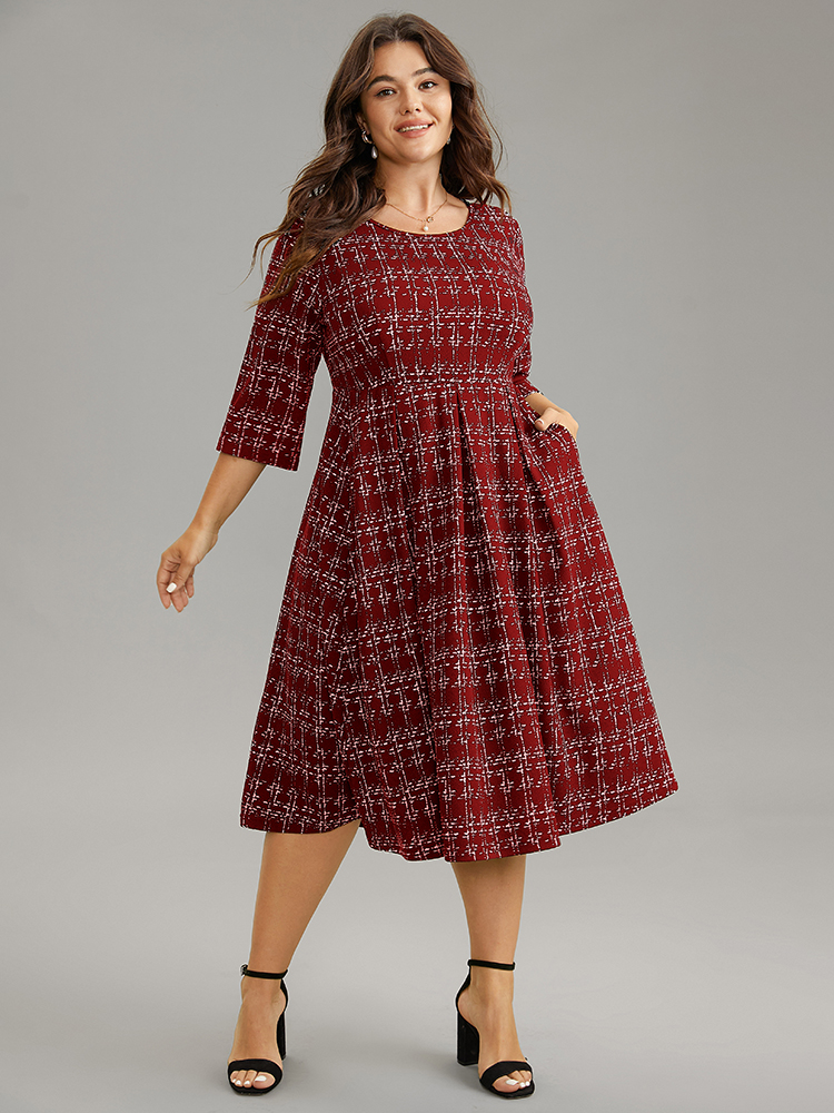 

Plus Size Geometric Elastic Waist Round Neck Cropped Dress Scarlet Women At the Office Printed Round Neck Elbow-length sleeve Curvy Midi Dress BloomChic