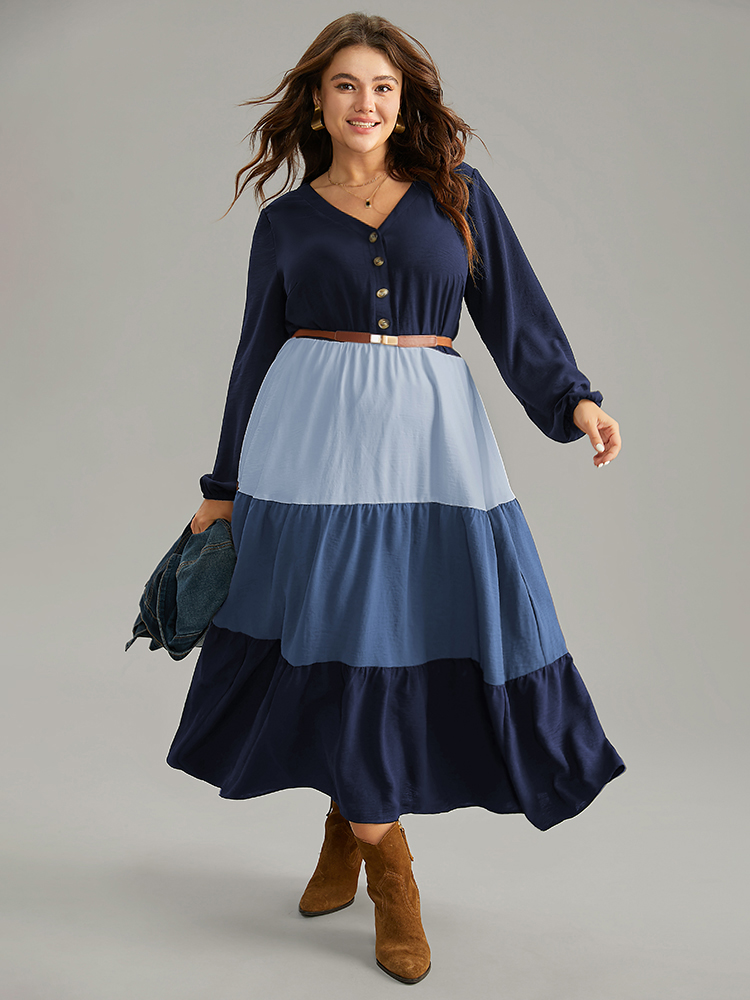 

Plus Size Colorblock Patchwork Lantern Sleeve Button Detail Dress Blue Women Elegant Elastic cuffs V-neck Long Sleeve Curvy Midi Dress BloomChic