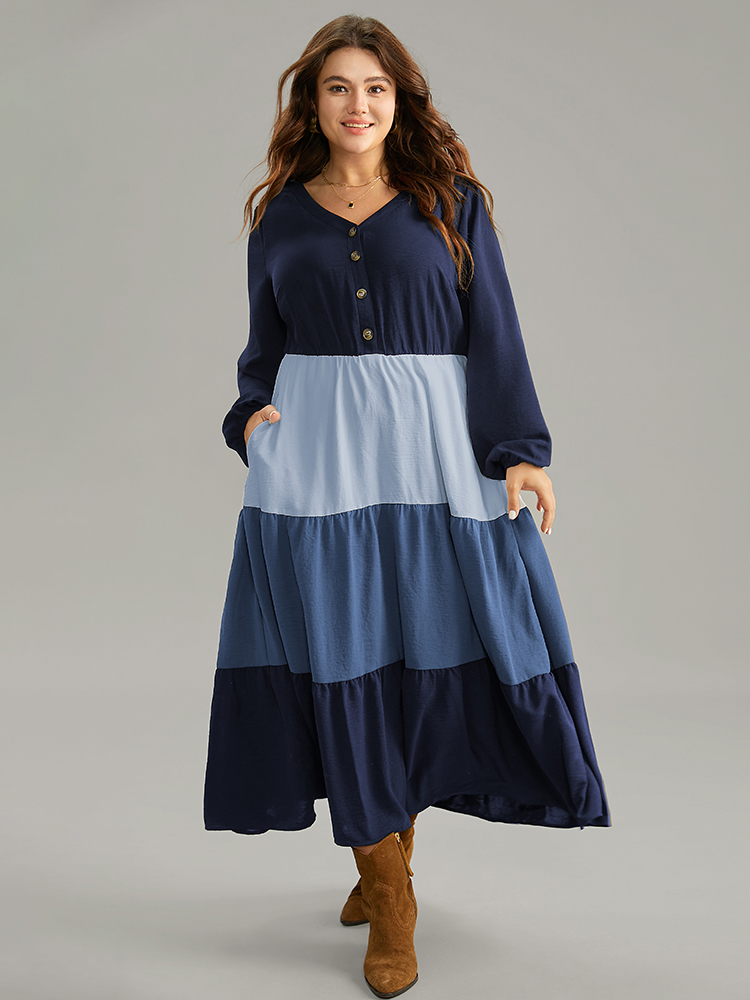 

Plus Size Colorblock Patchwork Lantern Sleeve Button Detail Dress Blue Women Elegant Elastic cuffs V-neck Long Sleeve Curvy Midi Dress BloomChic