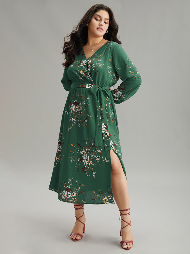 

Plus Size Floral Print Belted Split Surplice Neck Dress Mint Women Elegant Elastic cuffs Overlap Collar Long Sleeve Curvy Midi Dress BloomChic