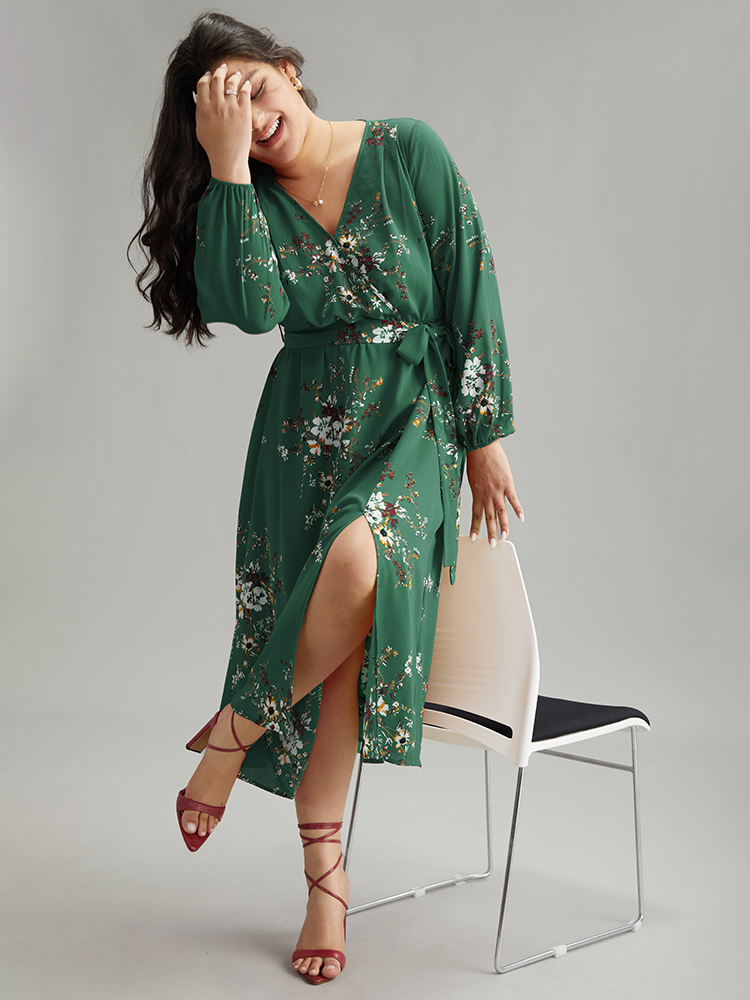 

Plus Size Floral Print Belted Split Surplice Neck Dress Mint Women Elegant Elastic cuffs Overlap Collar Long Sleeve Curvy Midi Dress BloomChic