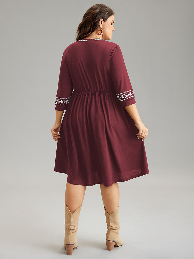 

Plus Size Bandana Embroidered Tie Neck Gathered Dress Burgundy Women Vacation Gathered Tie Neck Elbow-length sleeve Curvy Knee Dress BloomChic