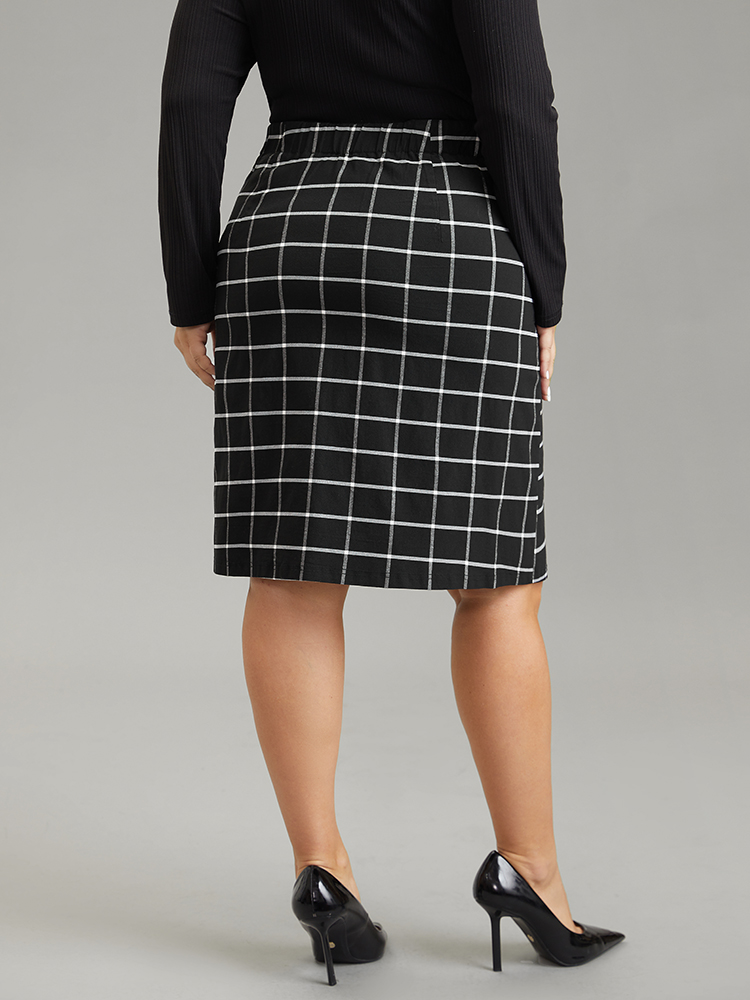 

Plus Size Plaid Button Detail Elastic Waist Skirt Women Black Office Elastic Waist Bodycon Low stretch Work Skirts BloomChic