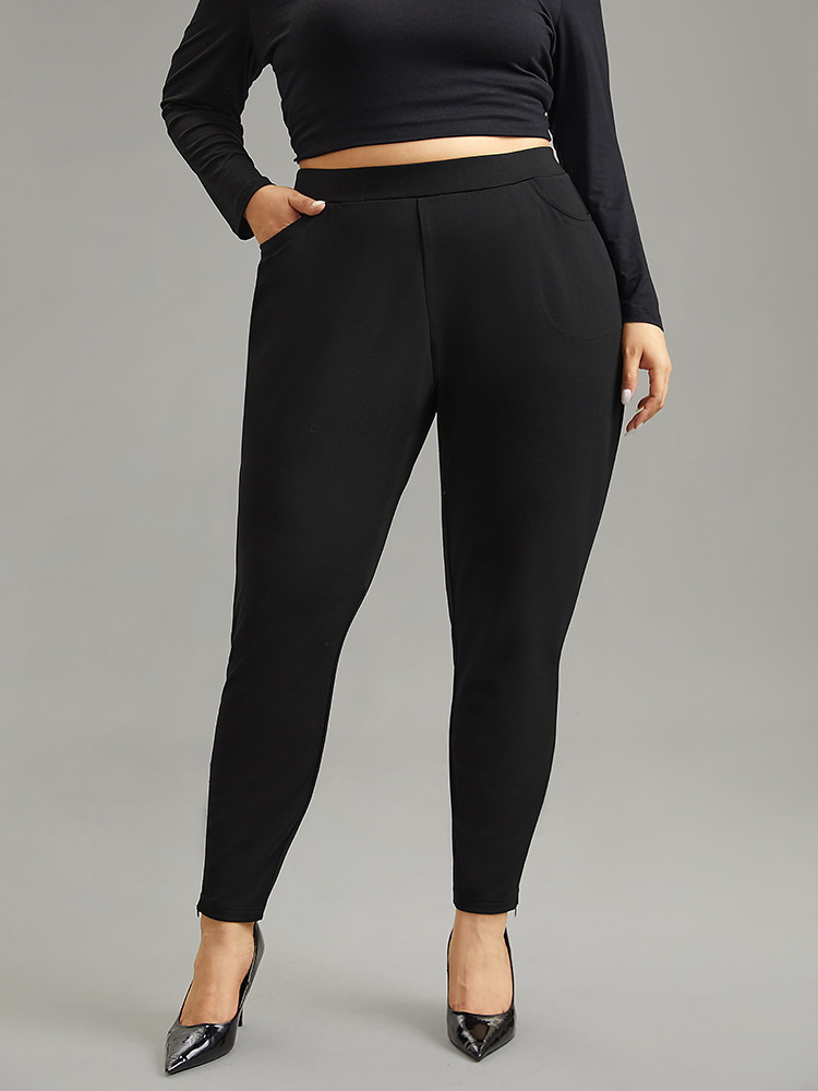 Plus Size Women Dailywear Plain Elastic Waist Mid Rise Pocket Office Pants BloomChic 