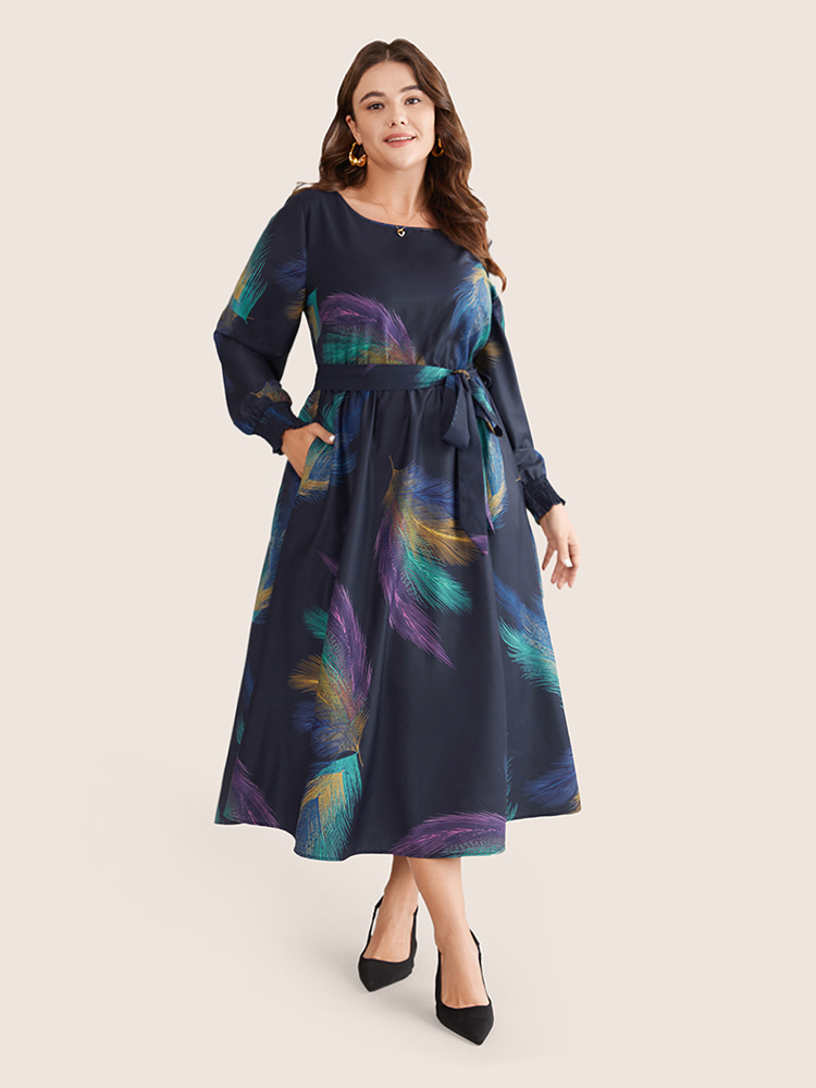 

Plus Size Colored Feather Belted Shirred Cuffs Dress DarkBlue Women Elegant Belted Round Neck Long Sleeve Curvy Midi Dress BloomChic