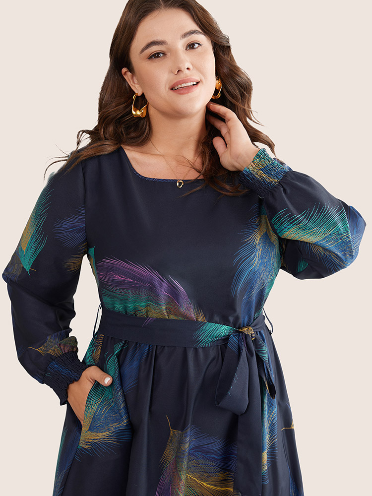 

Plus Size Colored Feather Belted Shirred Cuffs Dress DarkBlue Women Elegant Belted Round Neck Long Sleeve Curvy Midi Dress BloomChic