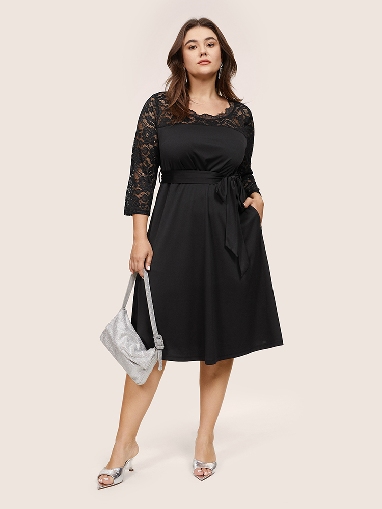 

Plus Size Plain Crochet Lace Mesh Pocket Belted Dress Black Women Cocktail See through Round Neck Long Sleeve Curvy Midi Dress BloomChic