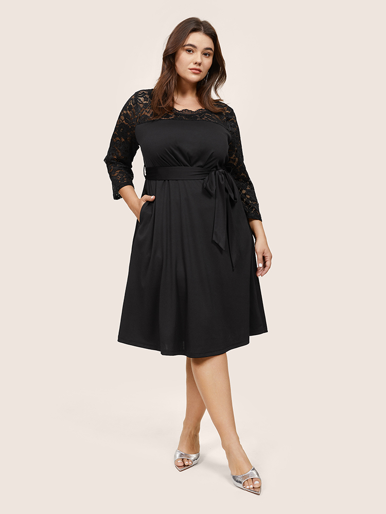 

Plus Size Plain Crochet Lace Mesh Pocket Belted Dress Black Women Cocktail See through Round Neck Long Sleeve Curvy Midi Dress BloomChic