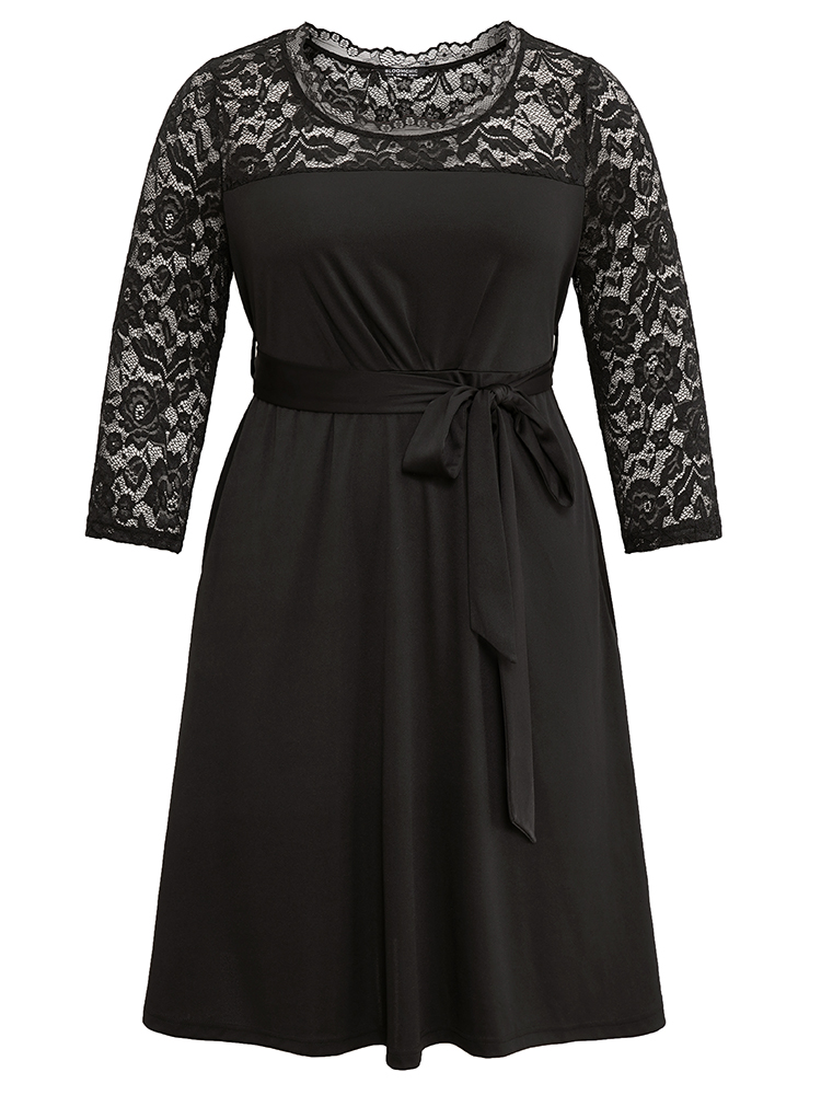 Plus Size Plain Crochet Lace Mesh Pocket Belted Dress Black Women Cocktail See through Round Neck Long Sleeve Curvy Midi Dress BloomChic 22-24/3X 