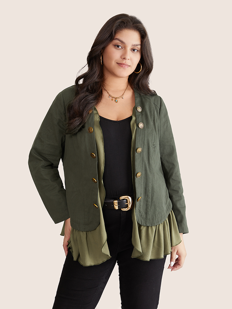 

Plus Size Patchwork Flutters Buckle Detail Asymmetrical Hem Blazer Women ArmyGreen Contrast Everyday Jackets BloomChic