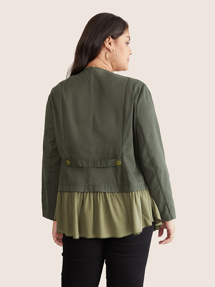 

Plus Size Patchwork Flutters Buckle Detail Asymmetrical Hem Blazer Women ArmyGreen Contrast Everyday Jackets BloomChic