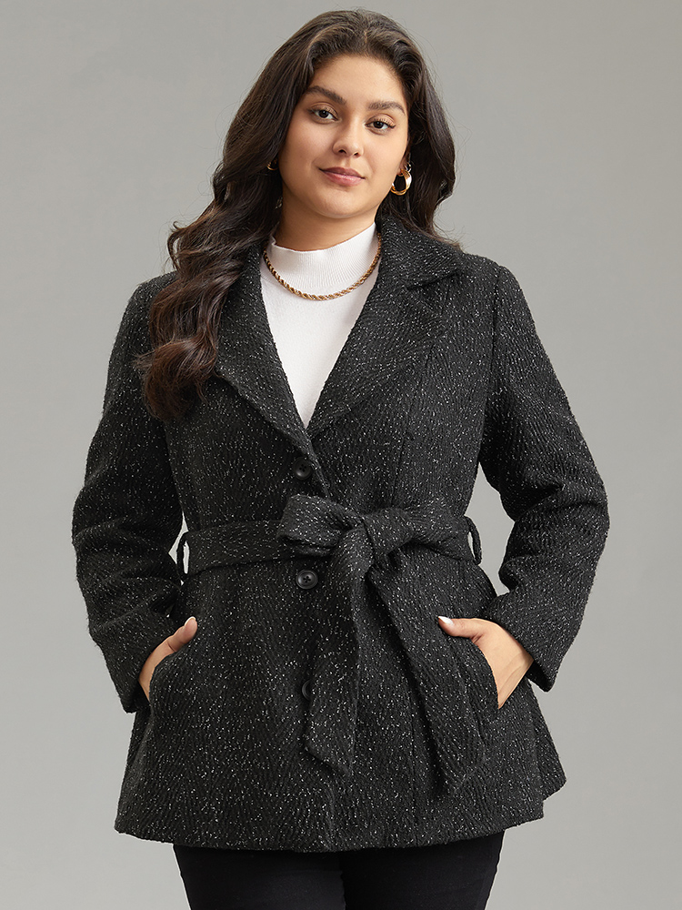 

Plus Size Tweed Belted Lapel Collar Button Up Coat Women Black Casual Texture Ladies Dailywear Winter Coats BloomChic