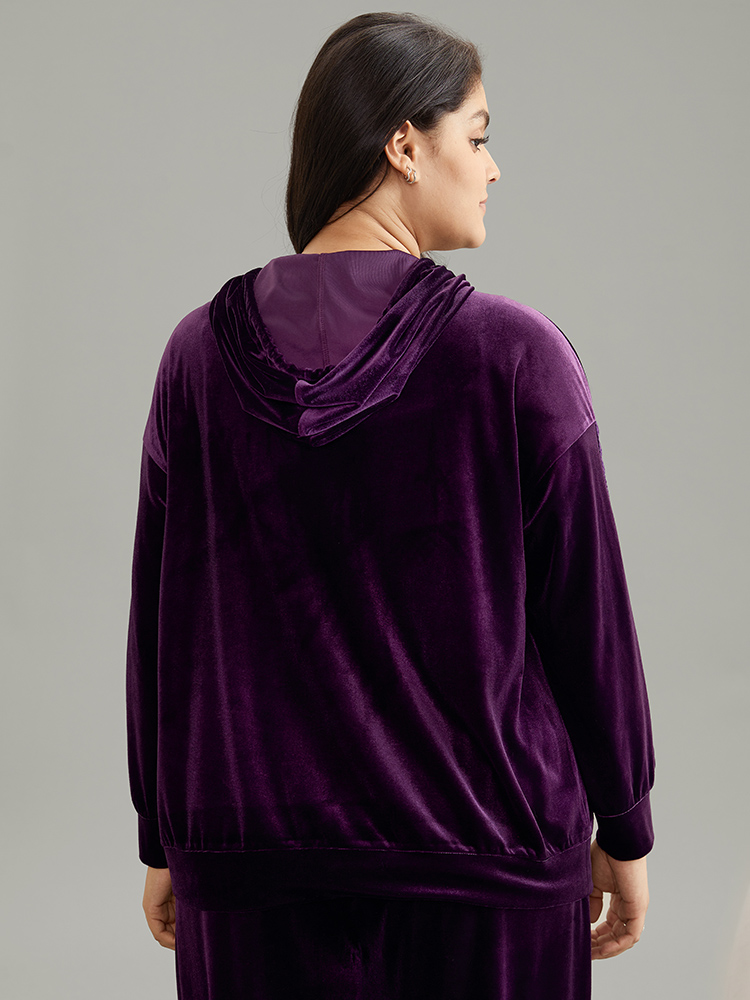 

Plus Size Lace Panel Hooded Velvet Zipper Sleep Top DarkViolet Plain Long Sleeve Hooded Dailywear Elegant  Bloomchic