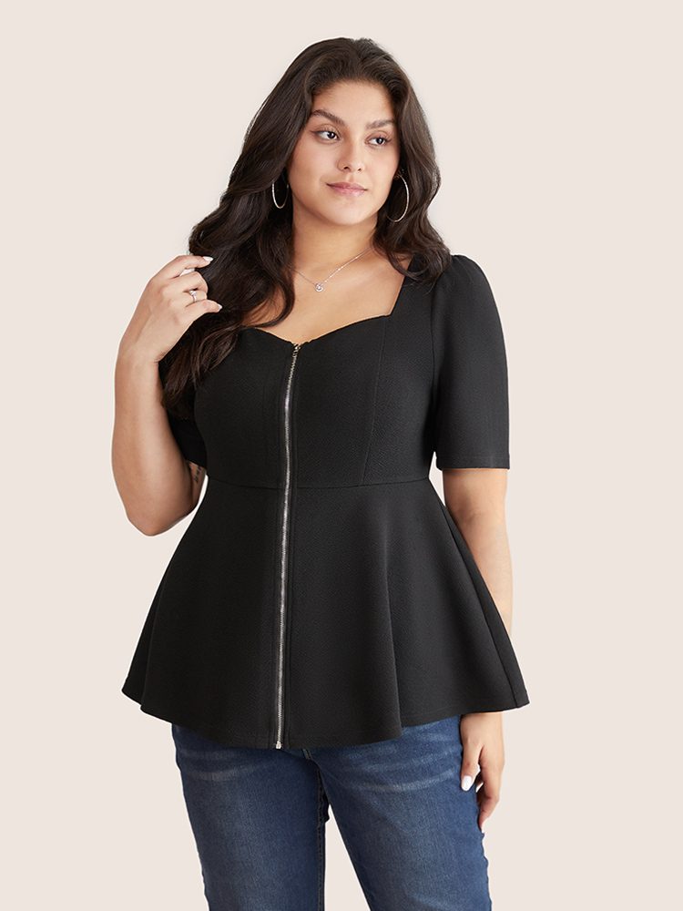 

Plus Size Black Square Neck Zipper Gathered Puff Sleeve Blouse Women Elegant Short sleeve Square Neck Work Blouses BloomChic