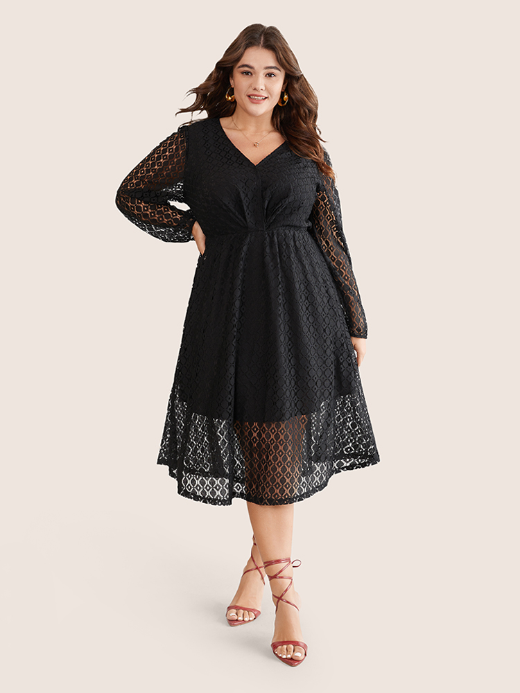 

Plus Size Lace Panel Overlap Collar Mesh Dress Black Women Elegant Elastic cuffs Overlap Collar Long Sleeve Curvy Midi Dress BloomChic