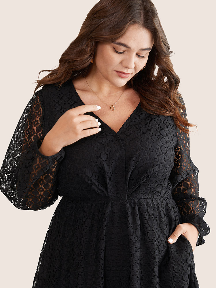 Plus Size Women Dailywear Geometric Wrap Lantern Sleeve Long Sleeve Overlap Collar Pocket Elegant Dresses BloomChic 