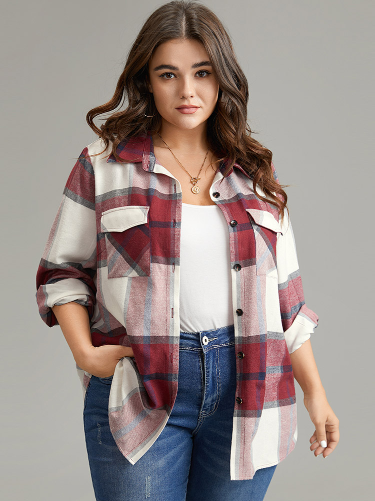 

Plus Size Plaid Shirt Collar Button Through Flap Detail Blouse Scarlet Long Sleeve Shirt collar Casual Shirts