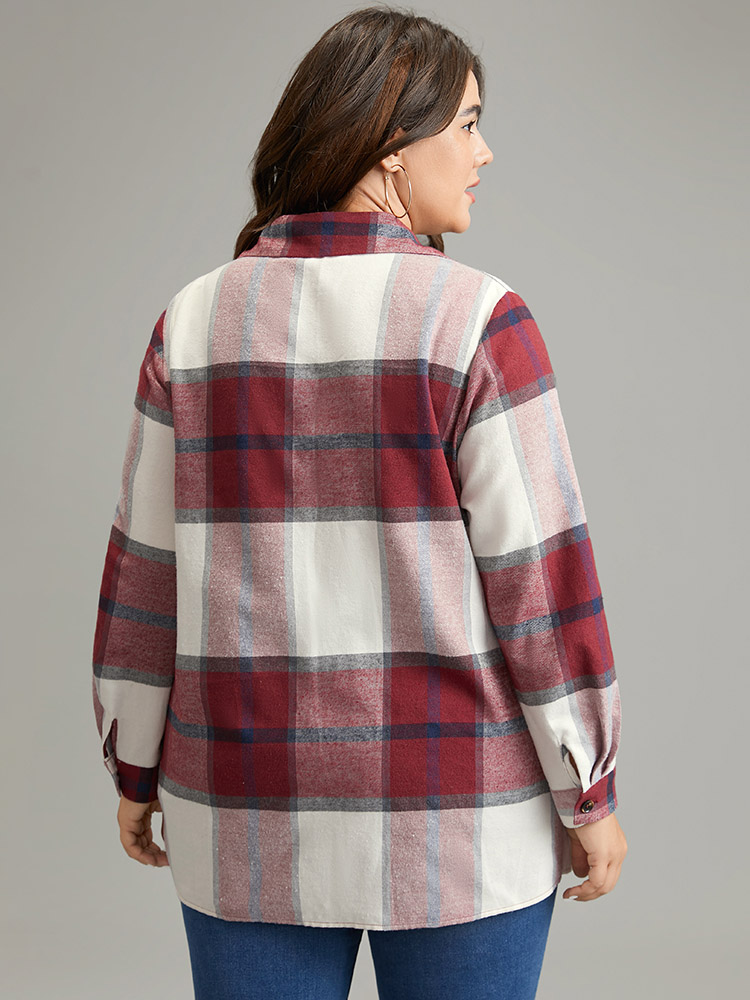 

Plus Size Plaid Shirt Collar Button Through Flap Detail Blouse Scarlet Long Sleeve Shirt collar Casual Shirts