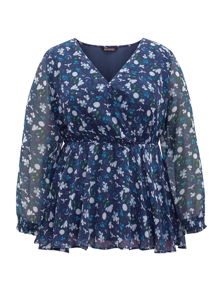 Plus Size Women Party Ditsy Floral Elastic cuffs Lantern Sleeve Long Sleeve V-neck Elegant Blouses BloomChic 