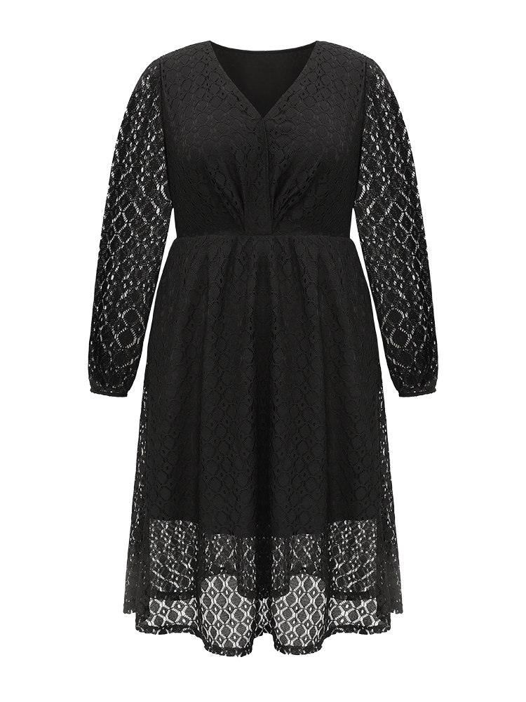 Plus Size Women Dailywear Geometric Wrap Lantern Sleeve Long Sleeve Overlap Collar Pocket Elegant Dresses BloomChic 