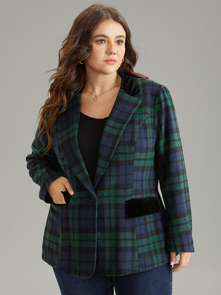 Image of Plus Size Plaid Button Up Patchwork Flap Pocket Blazer DarkGreen Women Work Plaid Lined Sleeve Long Sleeve Suit Collar 22-24/3X Pocket Office Blazers BloomChic