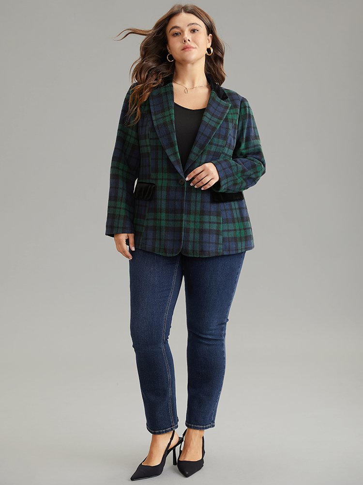 

Plus Size Plaid Button Up Patchwork Flap Pocket Blazer DarkGreen Women Work Plaid Lined Sleeve Long Sleeve Suit Collar  Pocket Office Blazers BloomChic