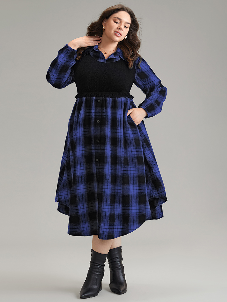 

Plus Size Plaid Patchwork Jacquard Button Detail Arc Hem Dress DarkBlue Women Casual Elastic cuffs Shirt collar Long Sleeve Curvy Midi Dress BloomChic