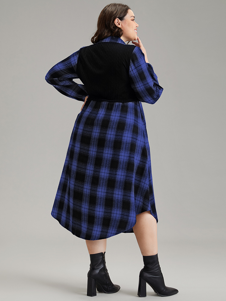 

Plus Size Plaid Patchwork Jacquard Button Detail Arc Hem Dress DarkBlue Women Casual Elastic cuffs Shirt collar Long Sleeve Curvy Midi Dress BloomChic