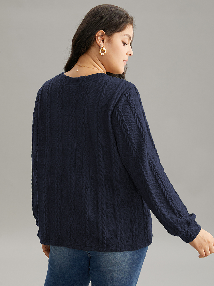 

Plus Size Plisse Solid Button Detail Sweatshirt Women Indigo Elegant Texture V-neck Everyday Sweatshirts BloomChic