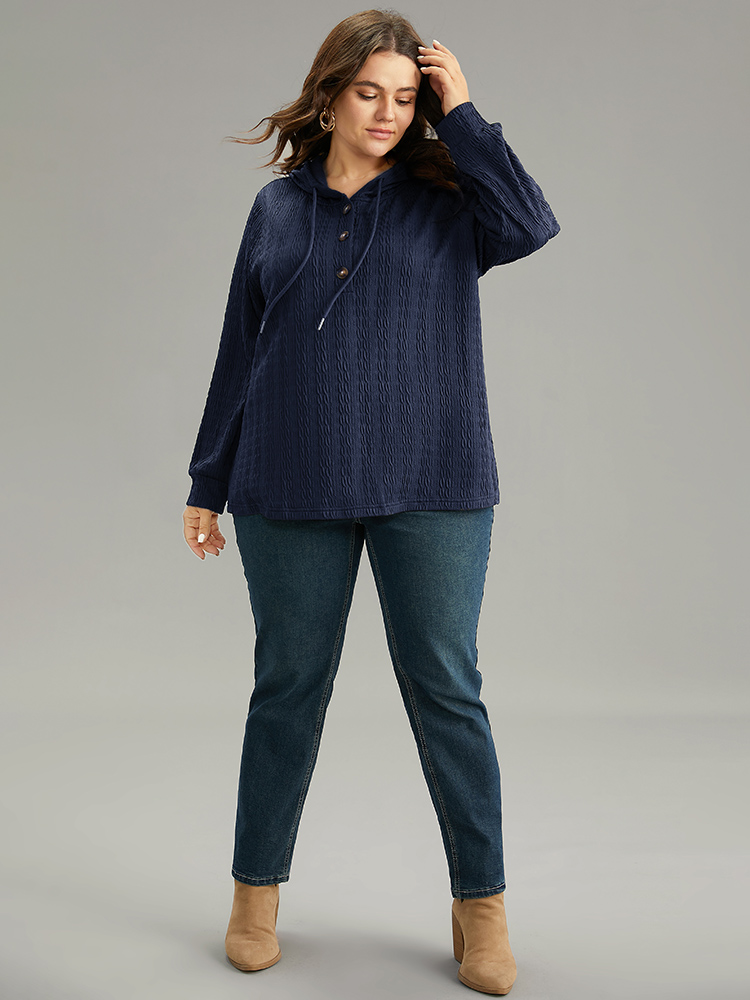 Plus Size Plain Texture Hooded Jacquard Sweatshirt Women Indigo Casual Texture Hooded Dailywear Sweatshirts BloomChic 28/5X 